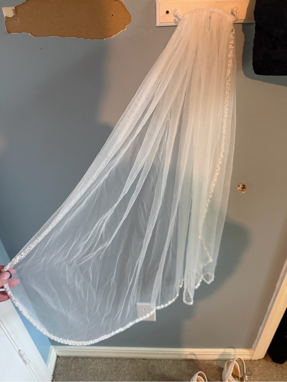 Sheer White Bridal Veil with Beaded Edge